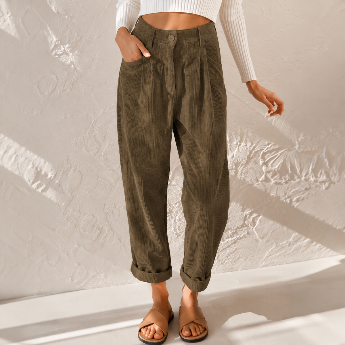 Sylvia | High Waist Corduroy Trousers with Rolled Hems
