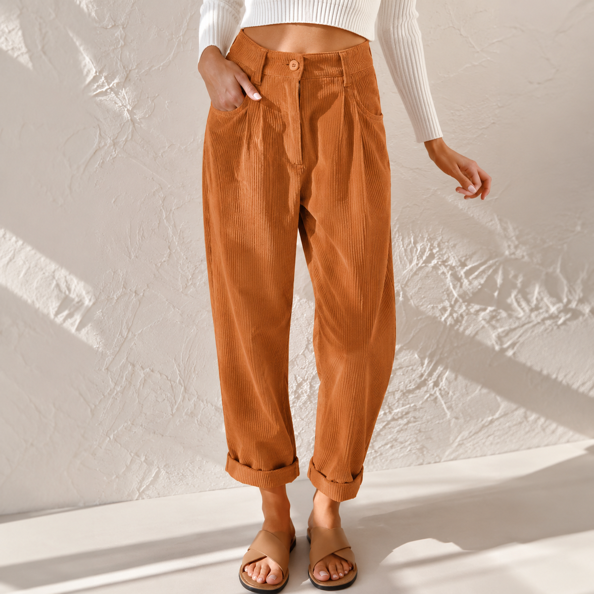 Sylvia | High Waist Corduroy Trousers with Rolled Hems