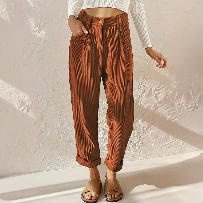 Sylvia | High Waist Corduroy Trousers with Rolled Hems