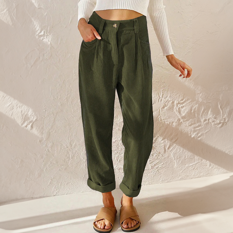 Sylvia | High Waist Corduroy Trousers with Rolled Hems