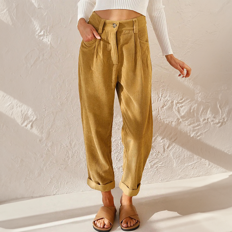 Sylvia | High Waist Corduroy Trousers with Rolled Hems