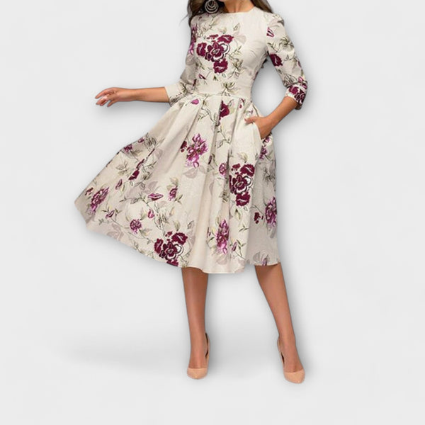 Jeri | Floral Print Midi Dress Three Quarter Sleeve