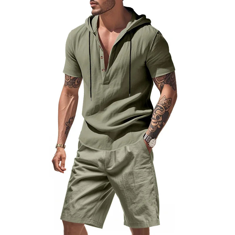 Wiliam - Short Sleeve Hooded Top and Shorts Set
