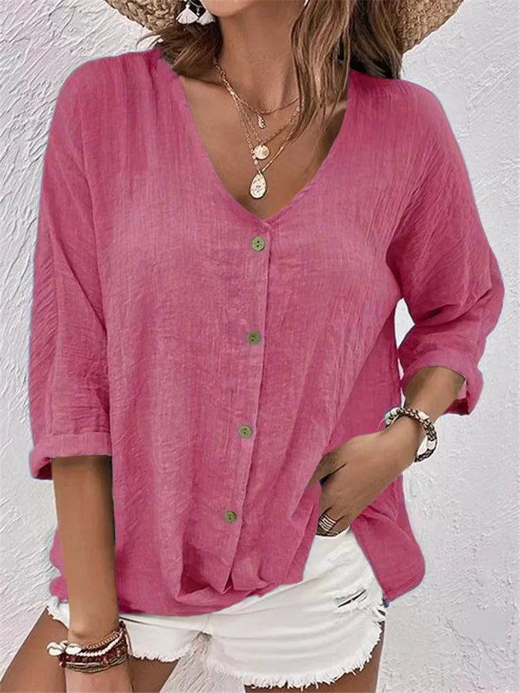 Rosalinda - V Neck Button Linen Blouse