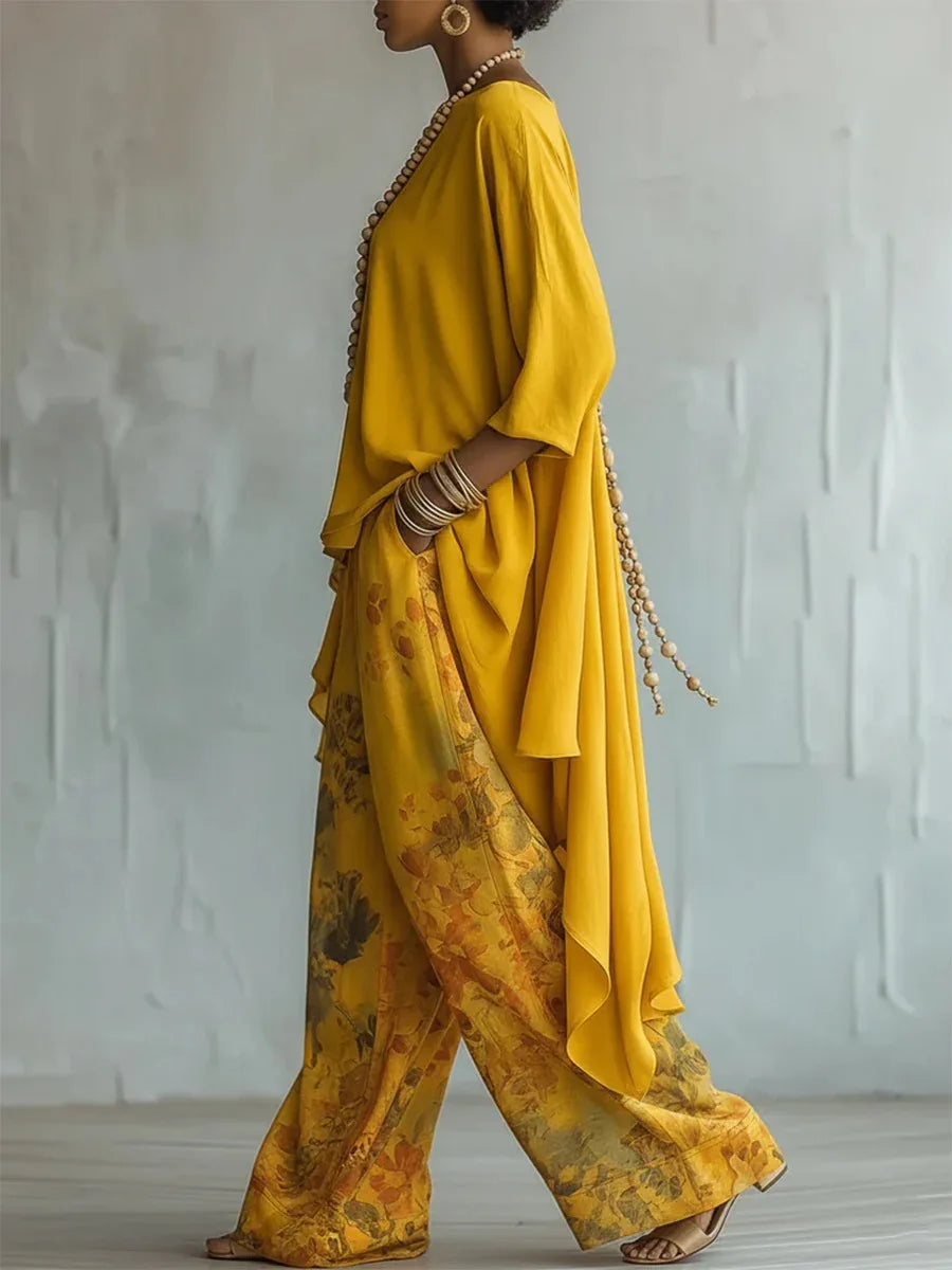 Irene | Asymmetric Top and Floral Wide Leg Trousers Set