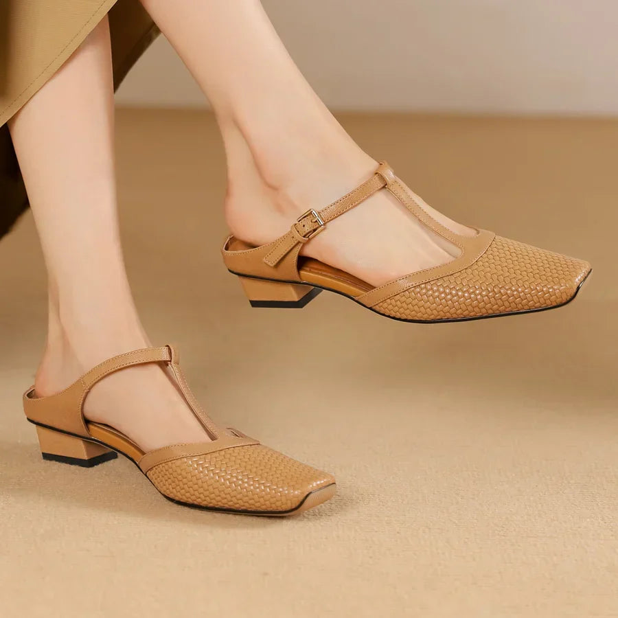 Birte | Woven T Strap Slingback Heels