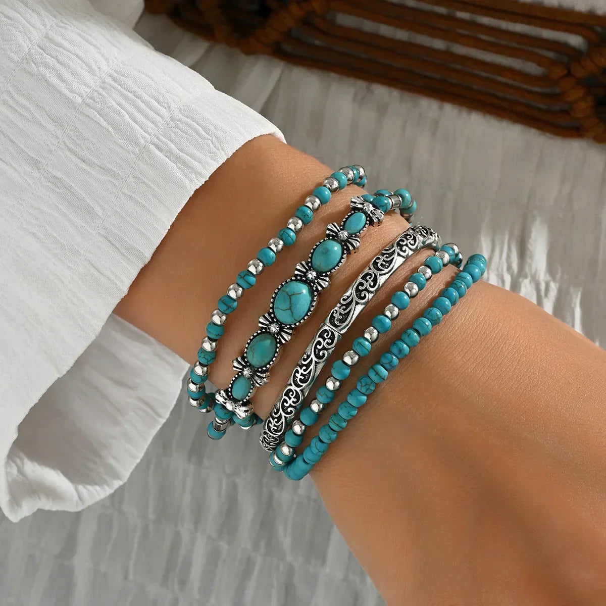 Nilay | Turquoise Stone Boho Stacked Bracelets