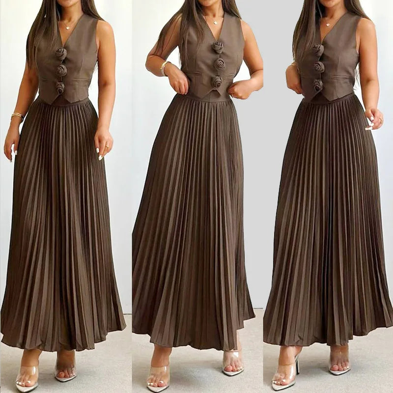 Beyza - Pleated Midi Skirt Sleeveless Two Piece Set