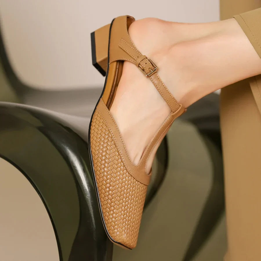 Birte | Woven T Strap Slingback Heels