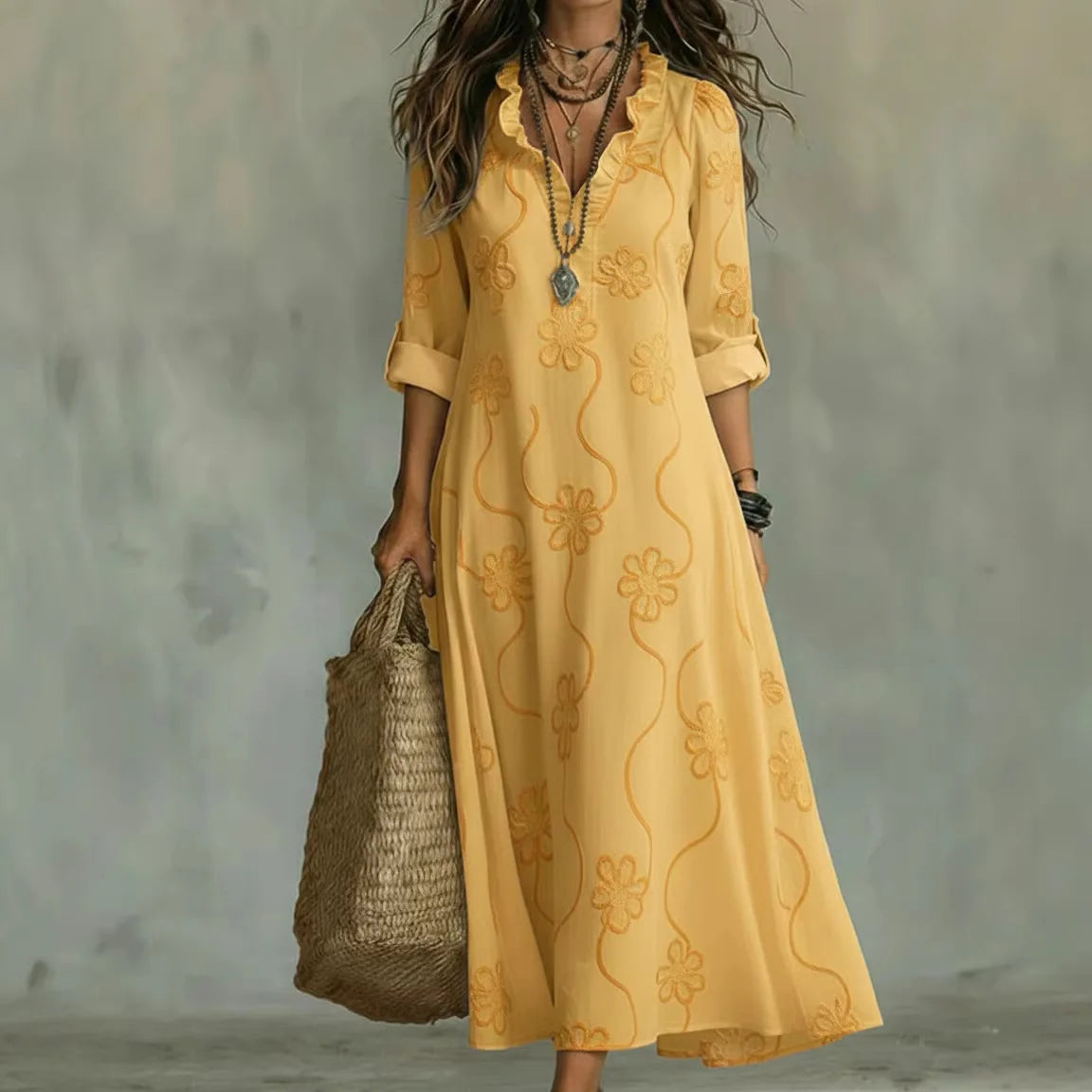 Alyxa - Long Sleeve Floral Embroidered Maxi Dress