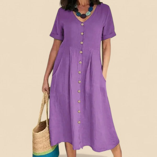 Vivienne | V-Neck Button Front Midi Dress