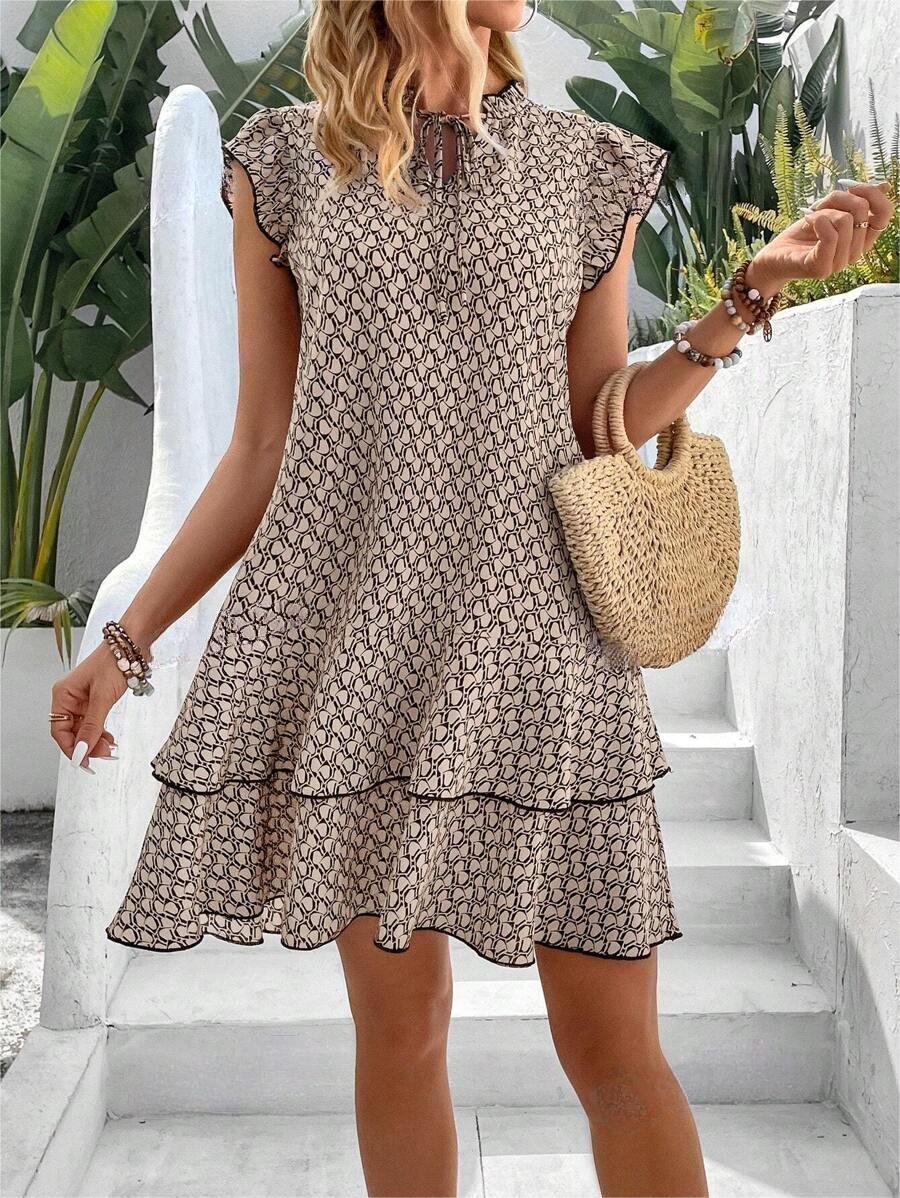 Anette | Printed Ruffle Hem Tie Neck Dress