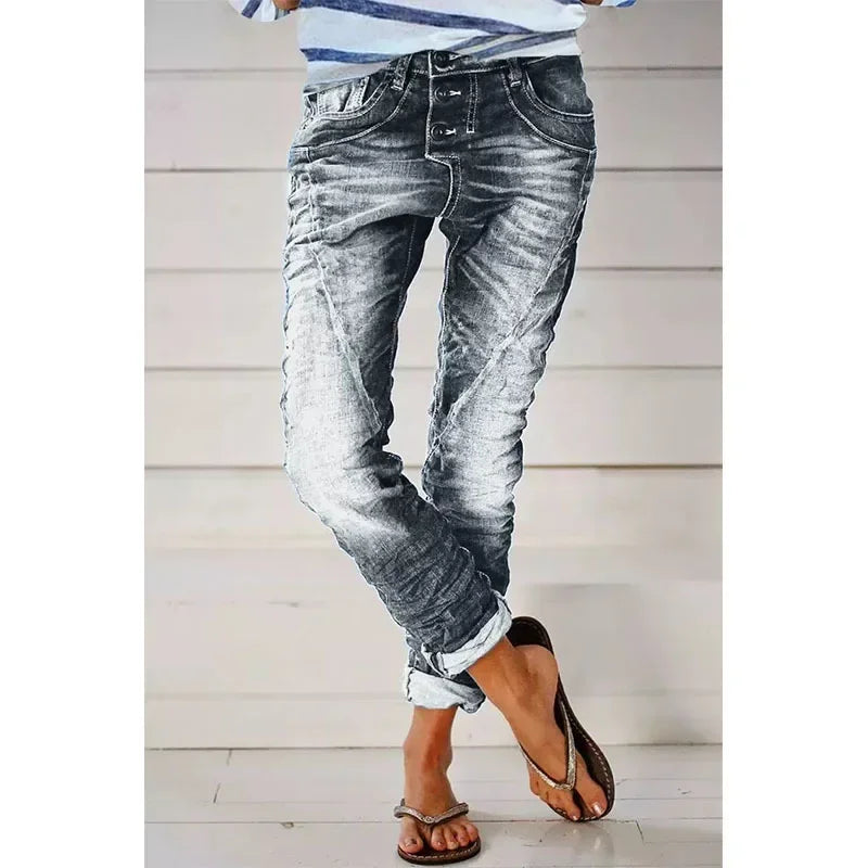 Shauni - Vintage Wash Button Fly Stretch Jeans