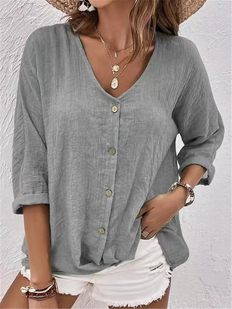 Rosalinda - V Neck Button Linen Blouse