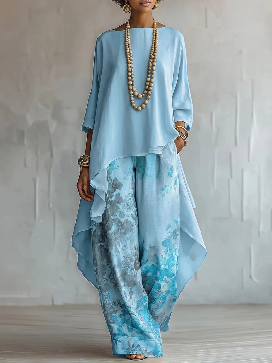 Irene | Asymmetric Top and Floral Wide Leg Trousers Set
