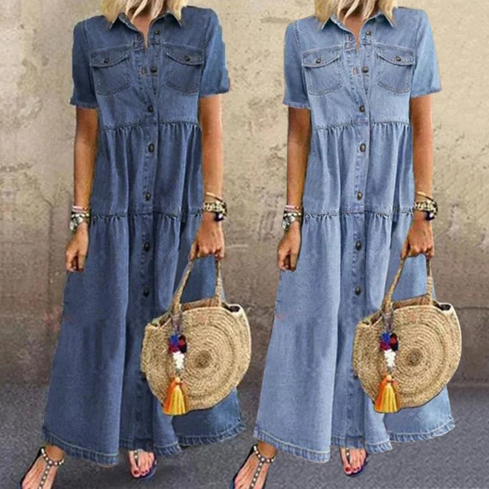 Gudelia | Denim Style Tiered Button Dress