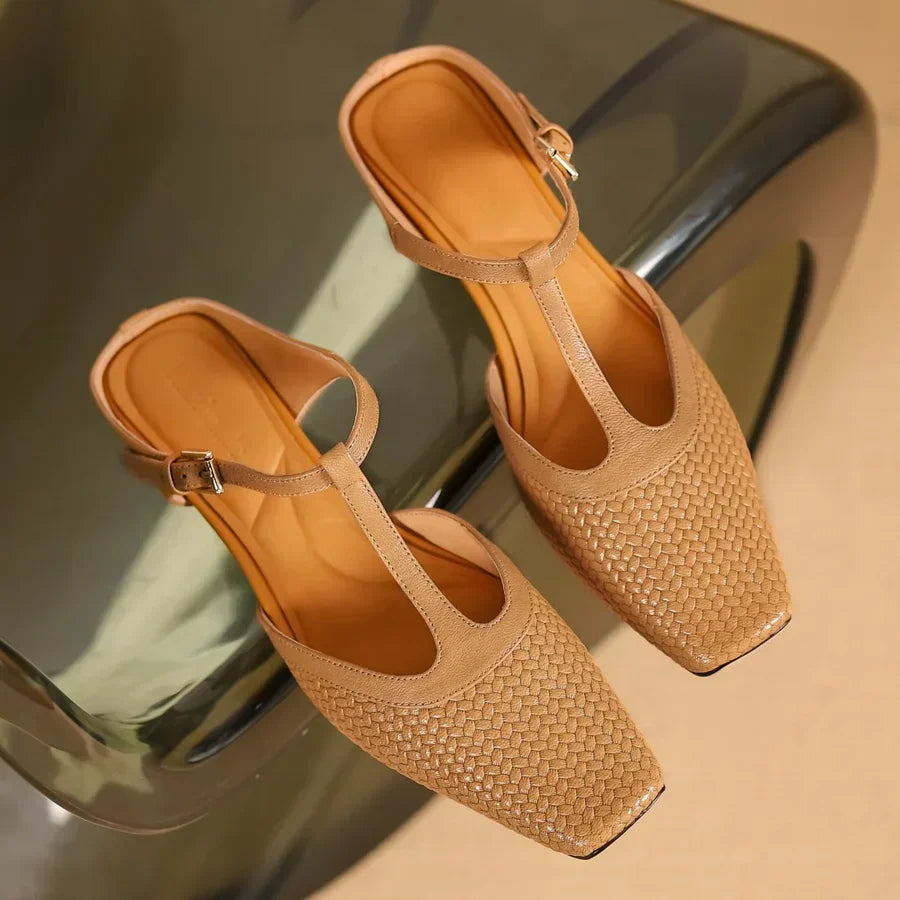Birte | Woven T Strap Slingback Heels