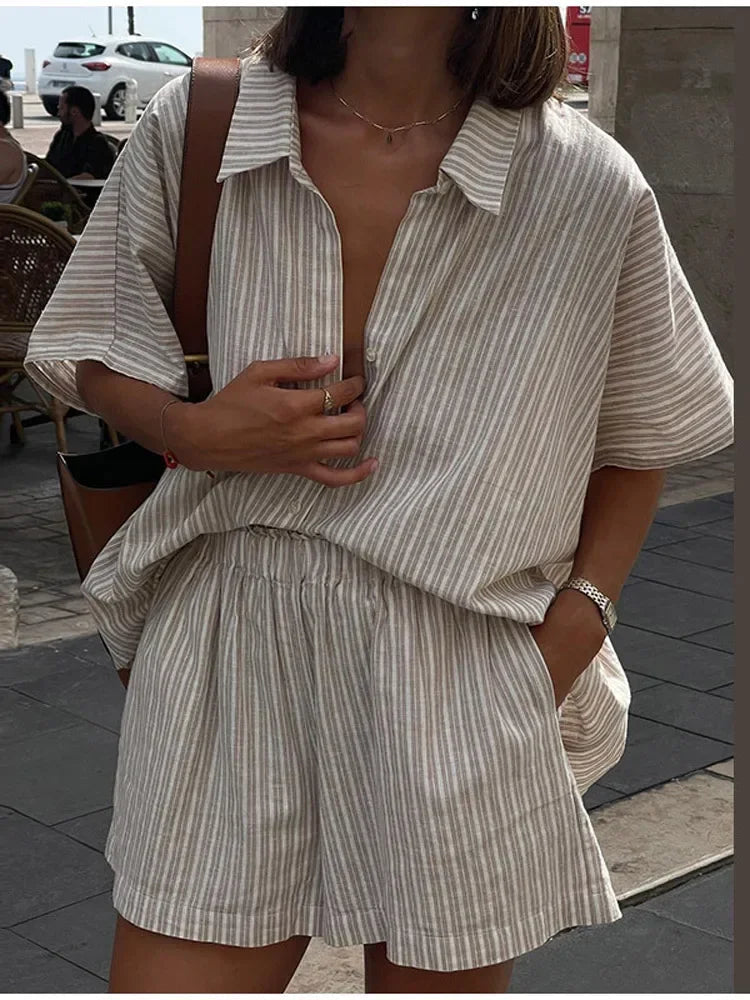 Geeta | Two Piece Striped Short Sleeve Shirt Set