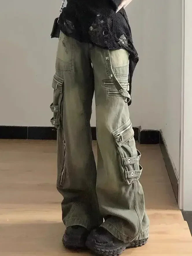Melody | Wide Leg Olive Cargo Trousers