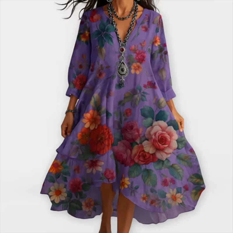 Shanae | Floral Print V Neck Midi Dress