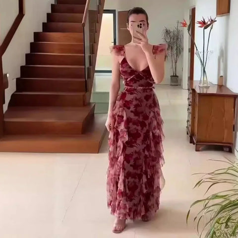 Flora | Floral Mesh Maxi Dress With Ruffle Sleeves