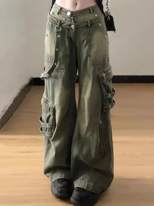 Melody | Wide Leg Olive Cargo Trousers