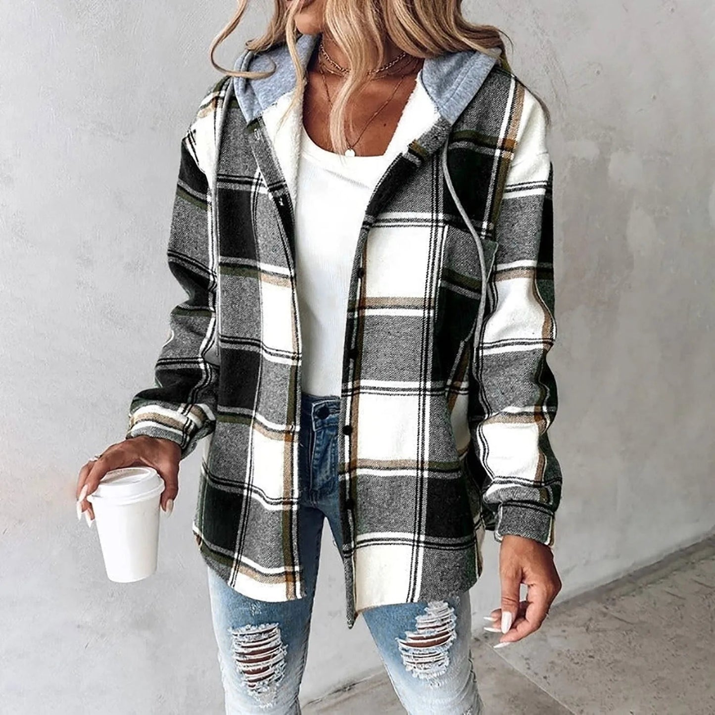 Katherina | Hooded Long Sleeve Check Overshirt Jacket