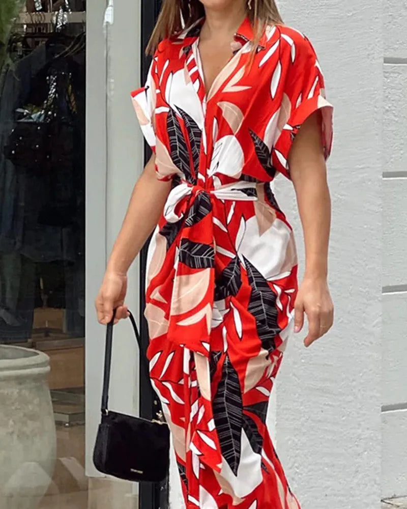 Wiora | Tropical Print Belted Shirt Midi Dress