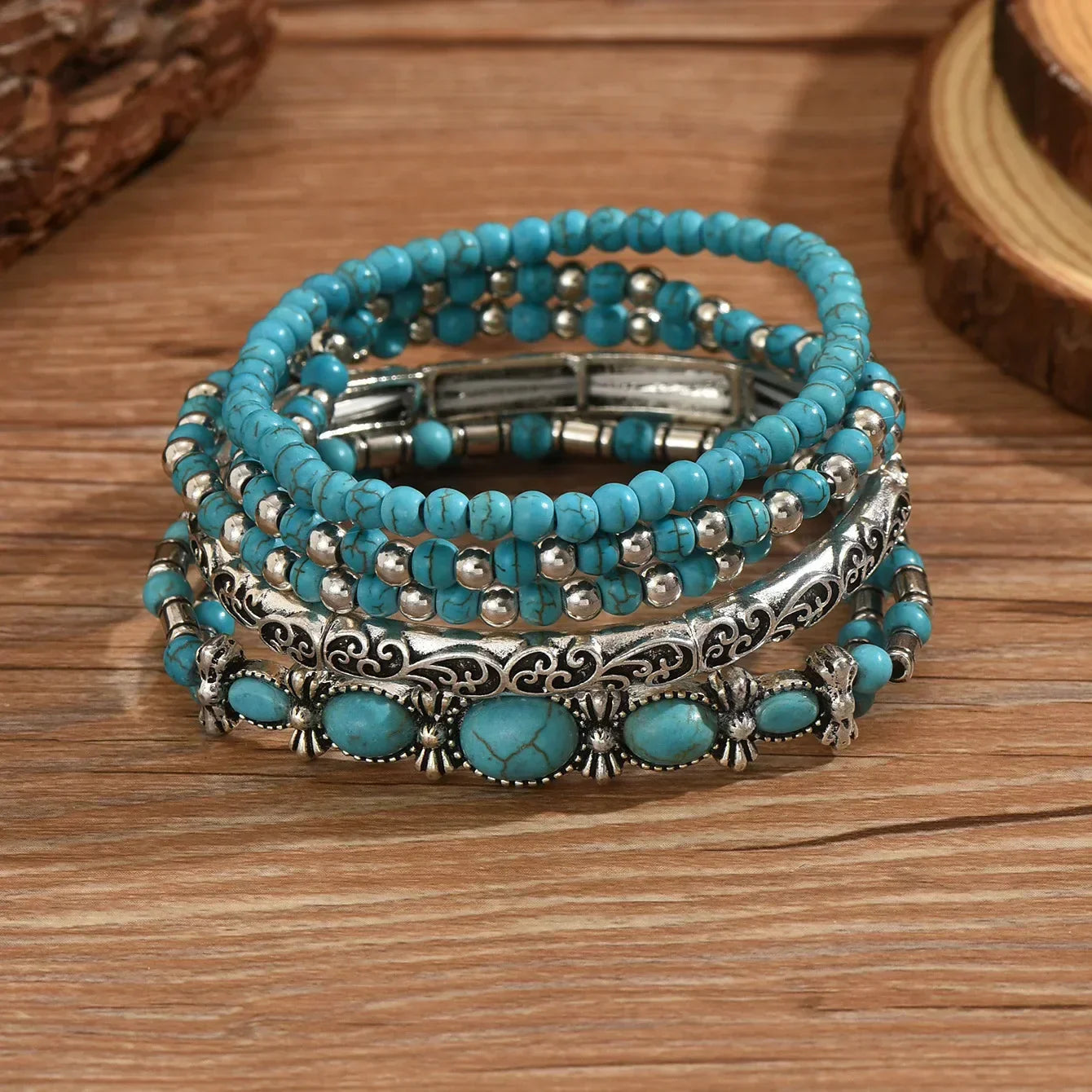 Nilay | Turquoise Stone Boho Stacked Bracelets