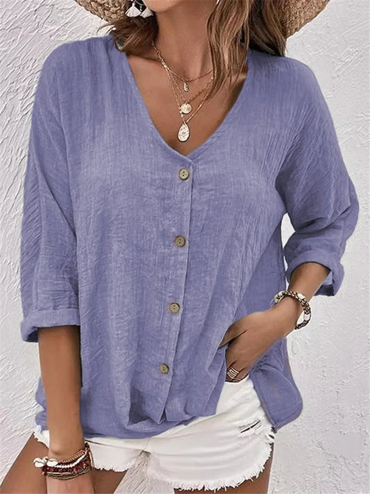 Rosalinda - V Neck Button Linen Blouse