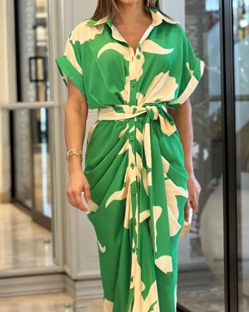 Wiora | Tropical Print Belted Shirt Midi Dress