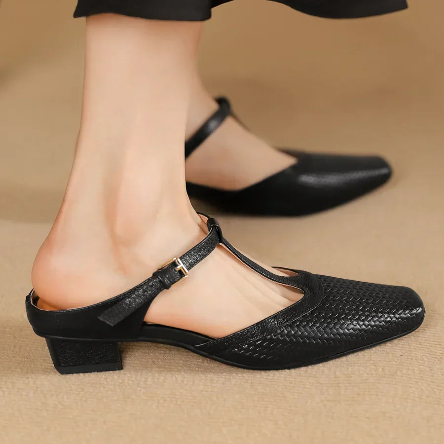 Birte | Woven T Strap Slingback Heels