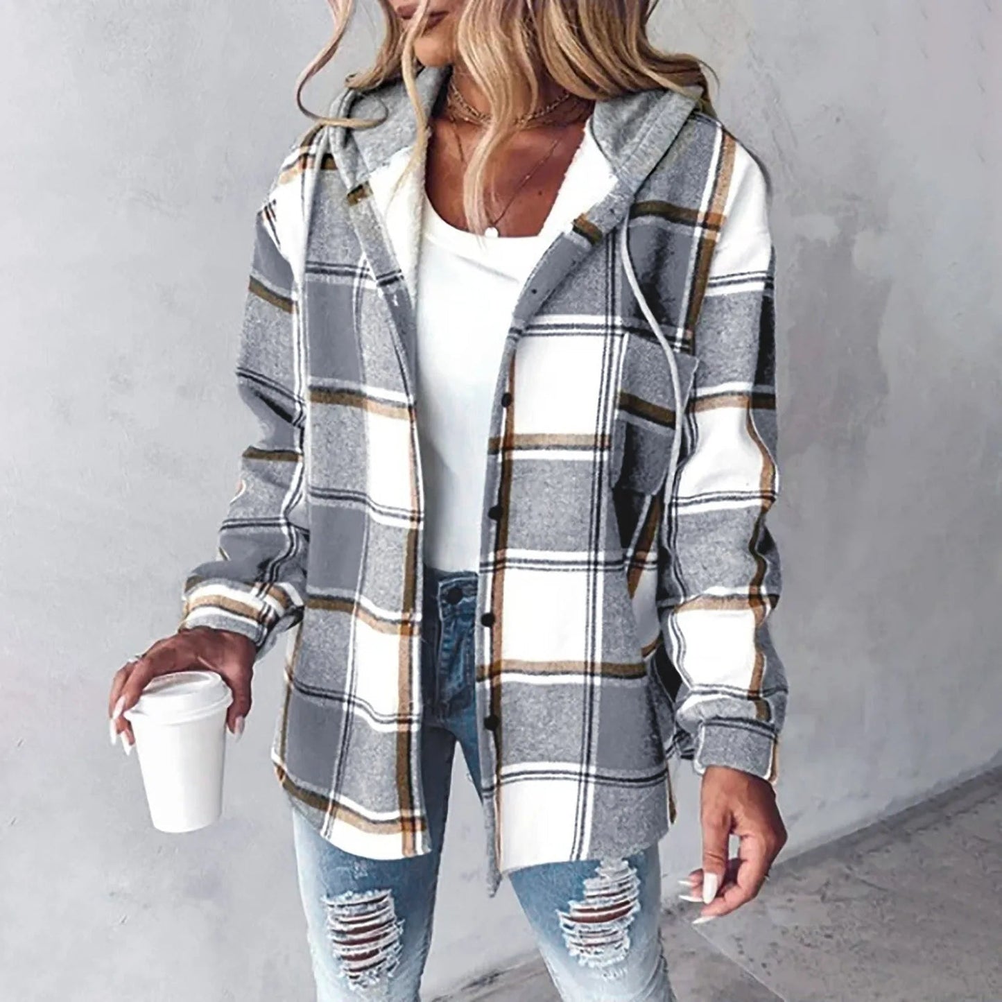 Katherina | Hooded Long Sleeve Check Overshirt Jacket