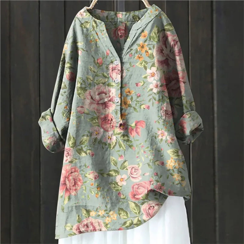 Jovita - Floral Print Button Front Blouse Top