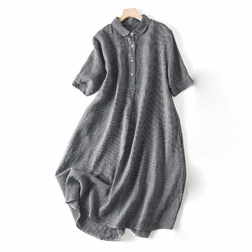 Luretta | Checked Collared Short Sleeve Midi Dress