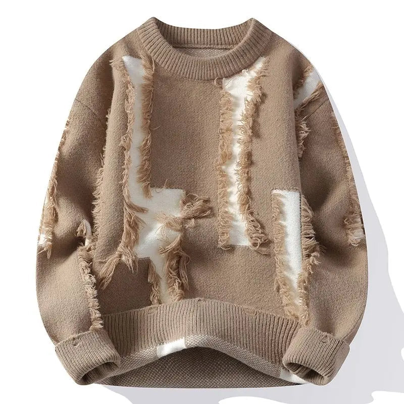 Samir | Sweater with Frayed Patchwork Knit Pattern