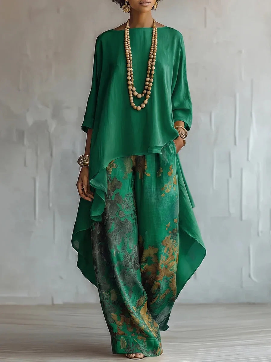 Irene | Asymmetric Top and Floral Wide Leg Trousers Set
