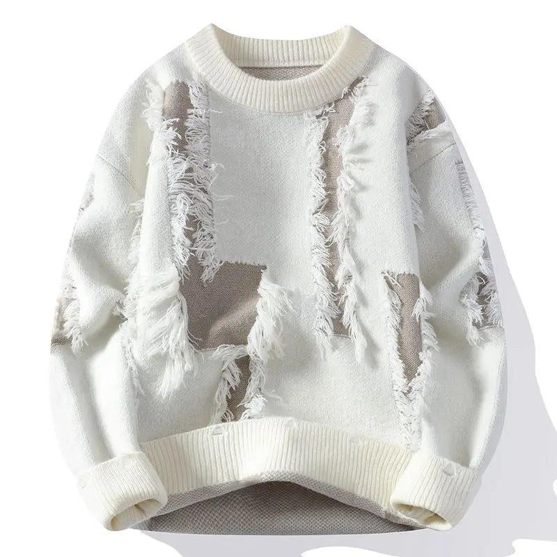 Samir | Sweater with Frayed Patchwork Knit Pattern