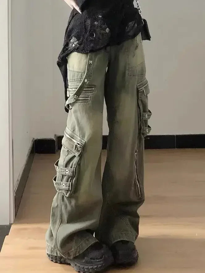 Melody | Wide Leg Olive Cargo Trousers