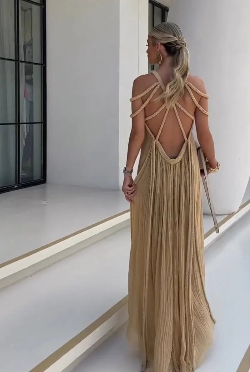 Nuriya | Strappy Halter Neck Pleated Maxi Dress