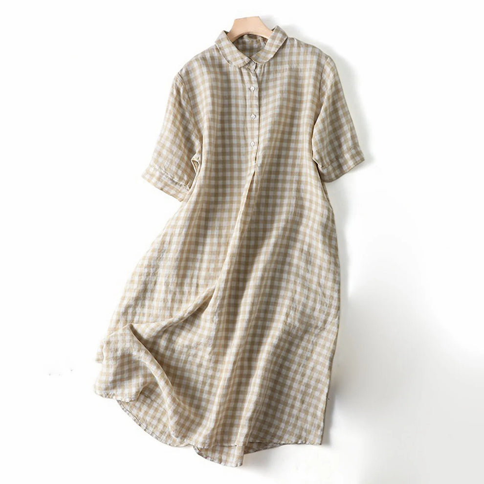Luretta | Checked Collared Short Sleeve Midi Dress