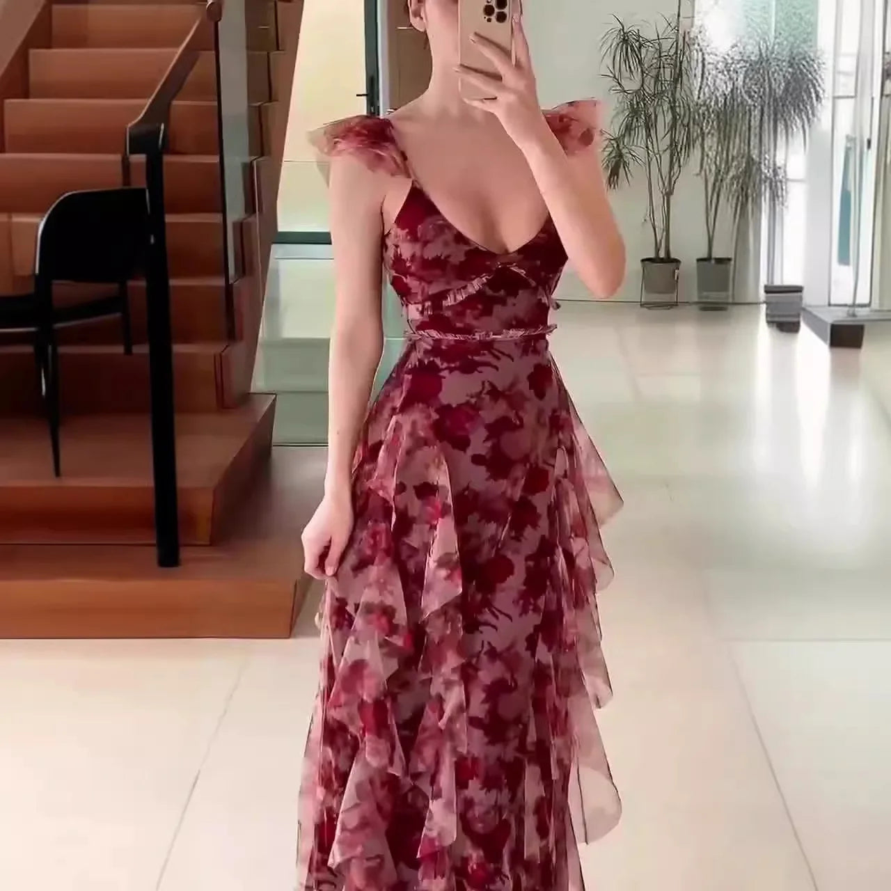Flora | Floral Mesh Maxi Dress With Ruffle Sleeves
