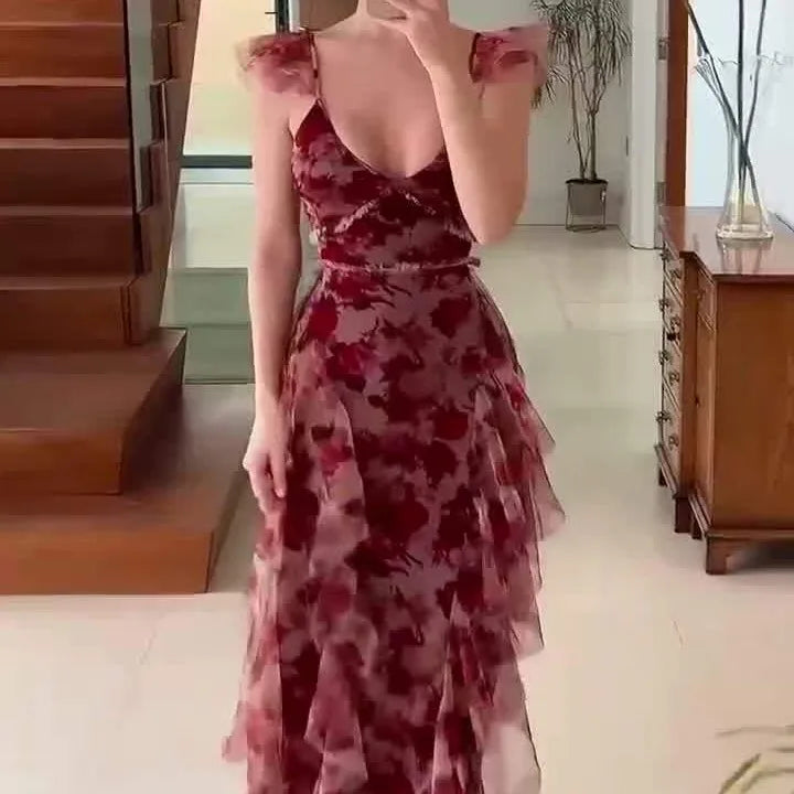 Flora | Floral Mesh Maxi Dress With Ruffle Sleeves