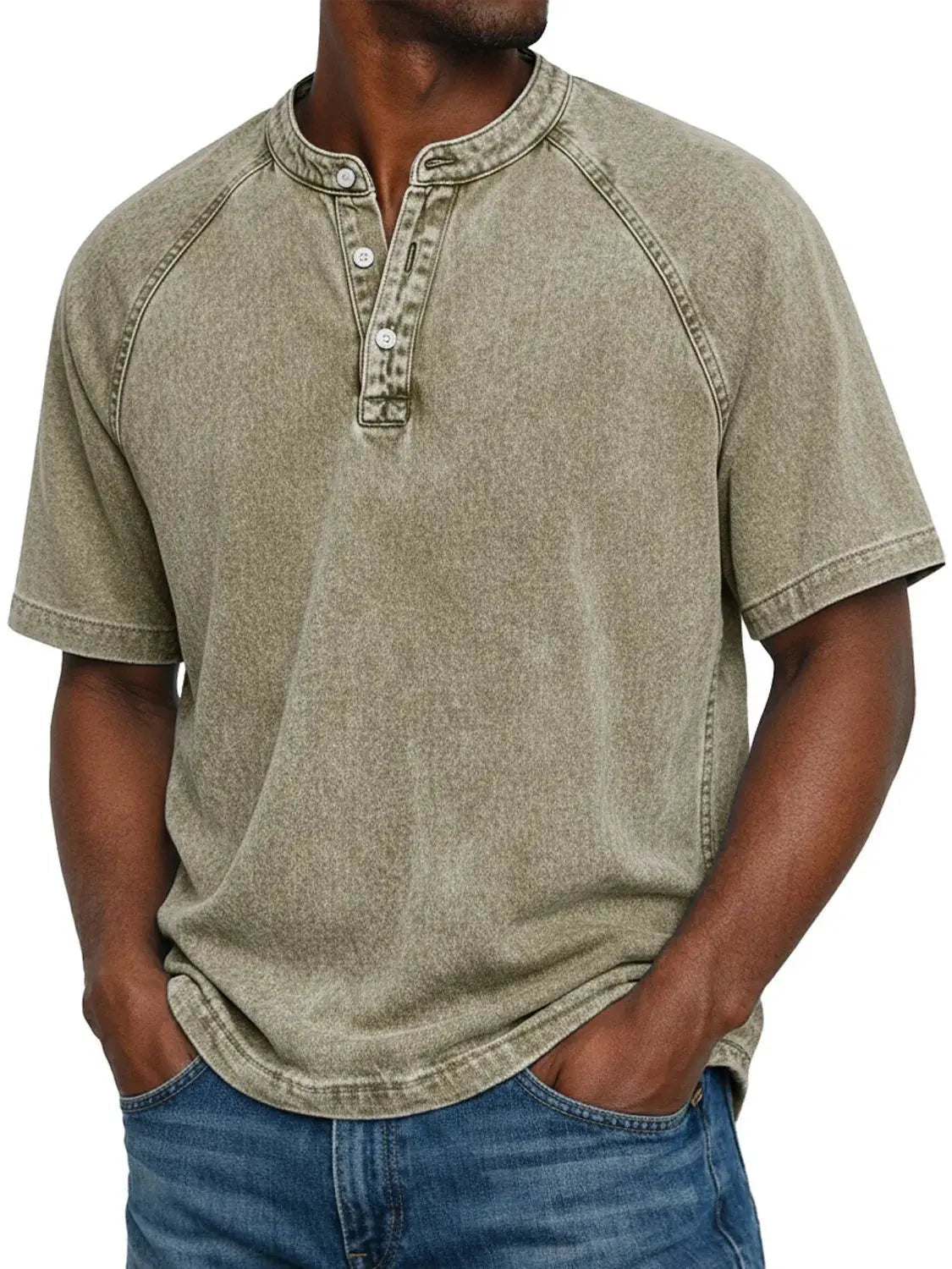 Esarot - Washed Button Neck T Shirt