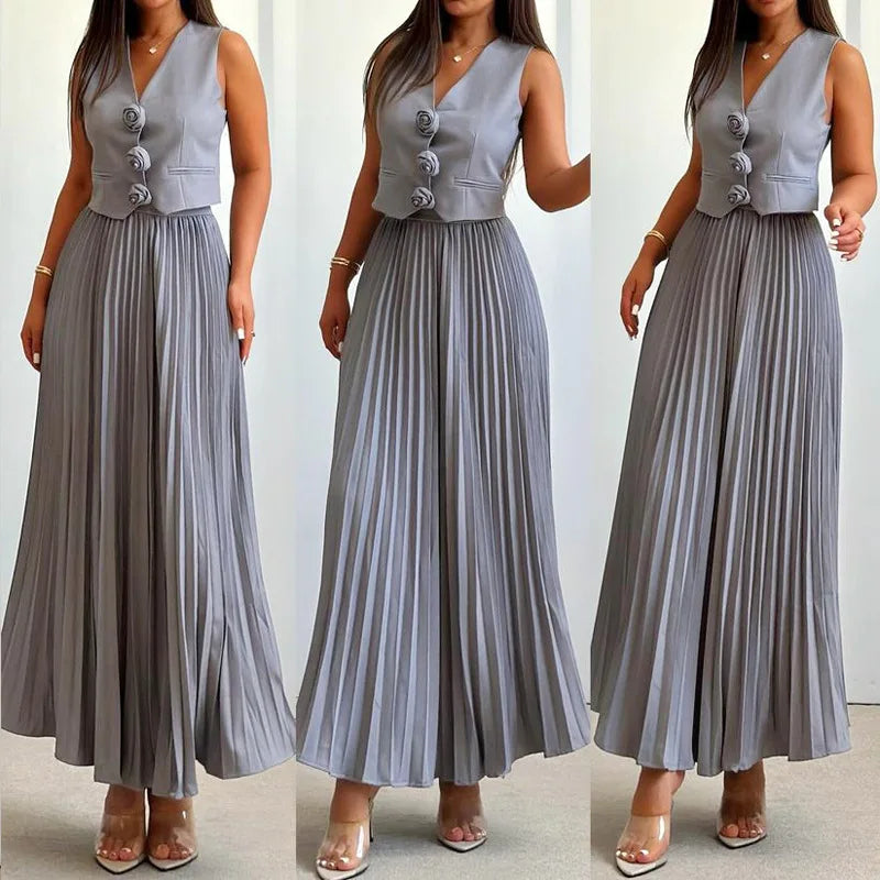 Beyza - Pleated Midi Skirt Sleeveless Two Piece Set