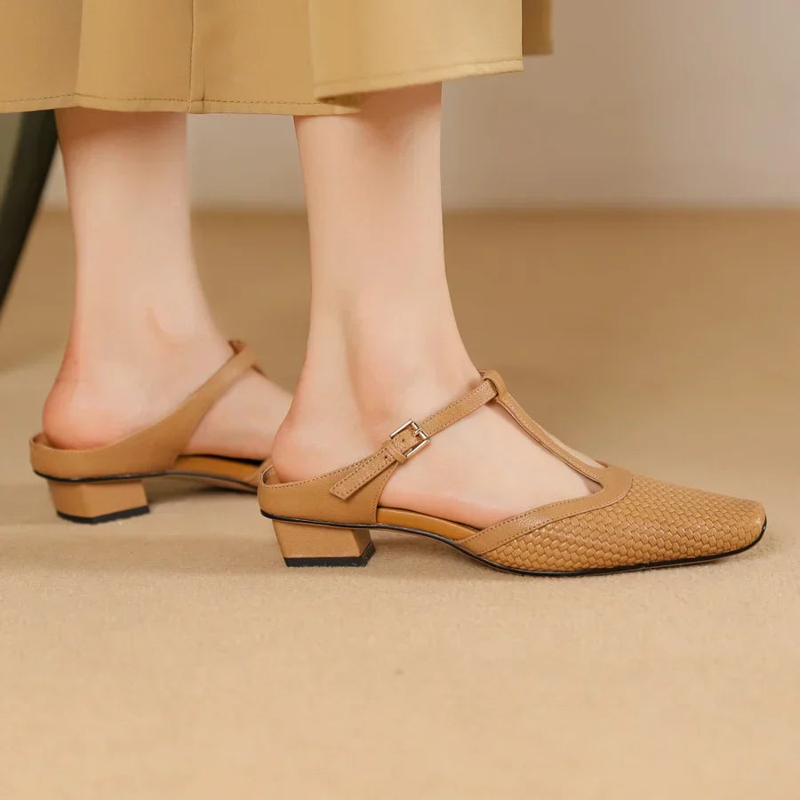 Birte | Woven T Strap Slingback Heels