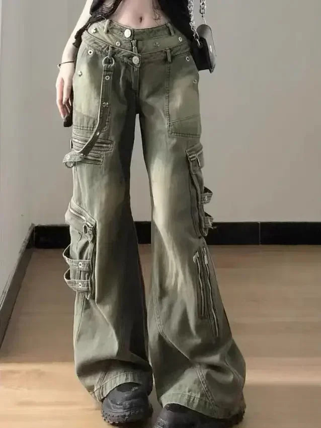 Melody | Wide Leg Olive Cargo Trousers