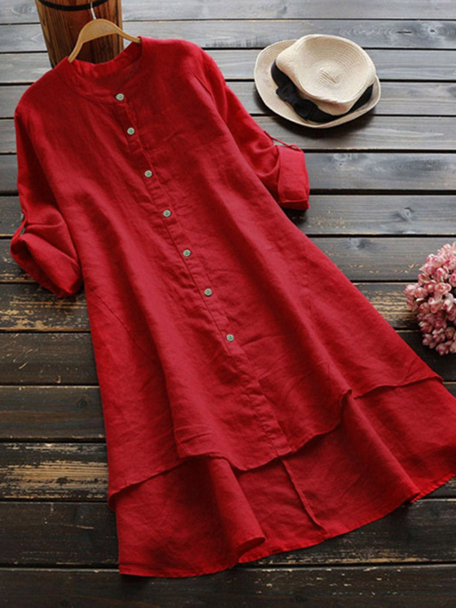 Haleena - Linen Style Button Front Midi Dress