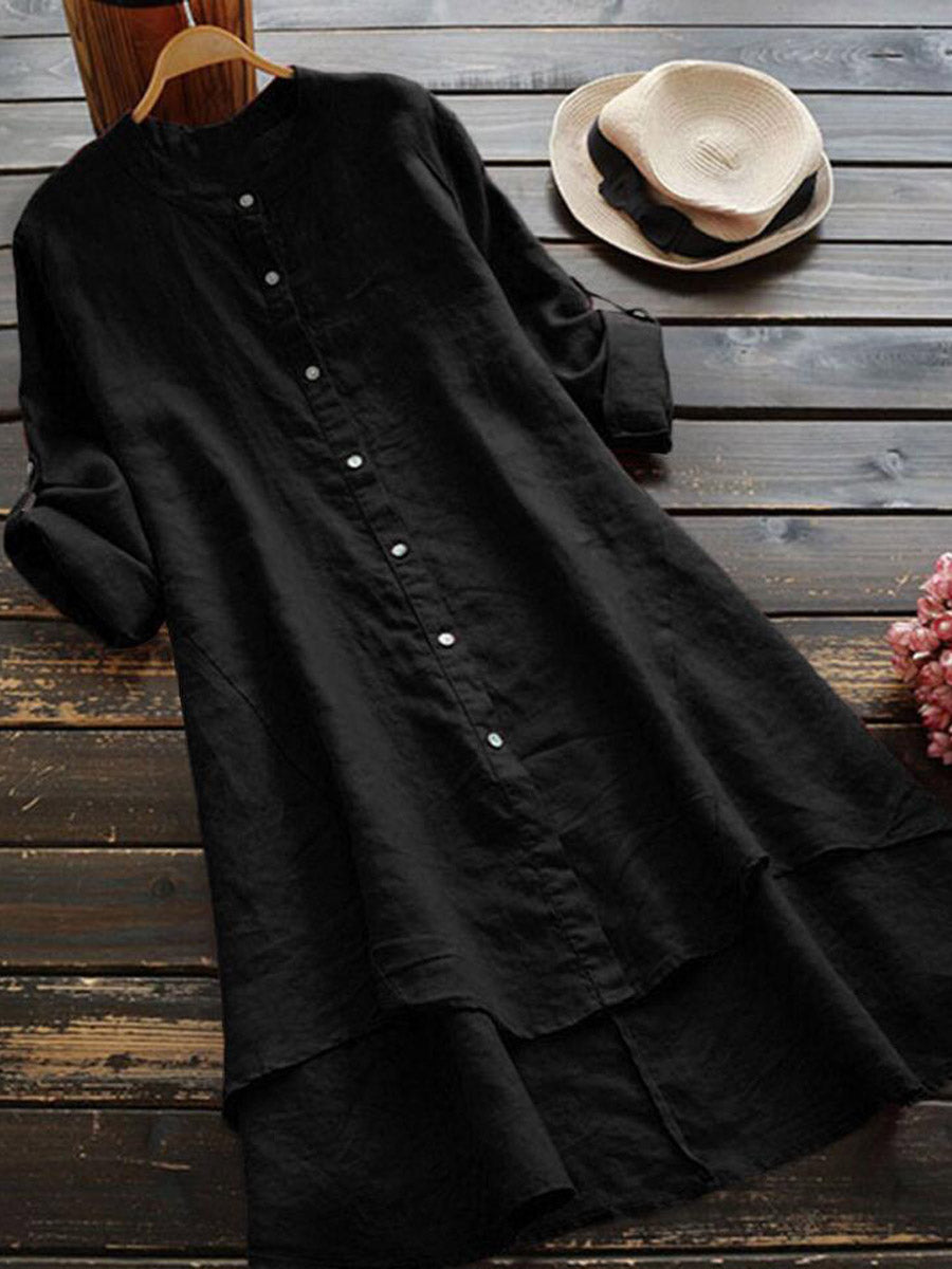 Haleena - Linen Style Button Front Midi Dress