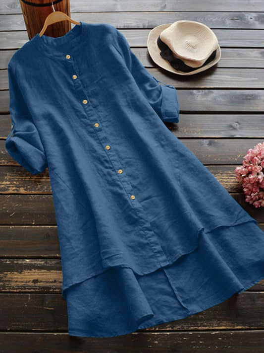 Haleena - Linen Style Button Front Midi Dress